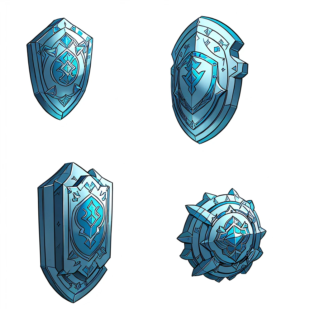 a close up of four shields with different designs on them, shield design, shields, armor elements, fantasy shield, metallic shield, game icon asset, shield, Game Assetss, Game Assets, RPG Game Items, Hard Edge Concept Art, Game UI asset design, shield, 3D icons for mobile games, Game Icon Style, video Game Assetss