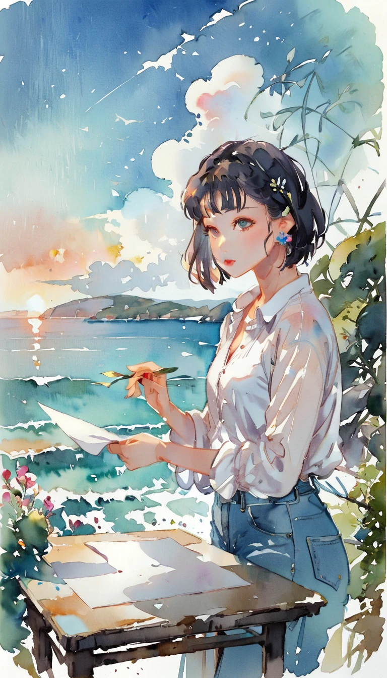(((How to cut paper))), 1 Girl, Short black hair, Straight hair, portfolio, shirt, denim, Sea and Sky