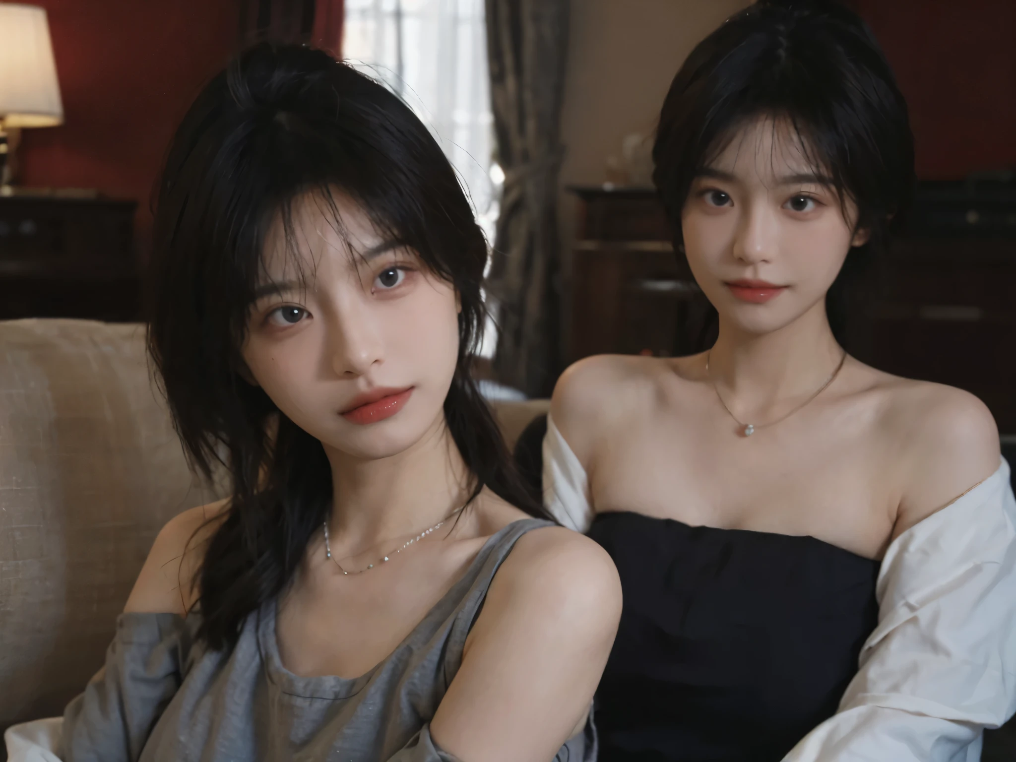 Film portrait photography, 2 girls, Bare shoulders,Lipstick,(flat chest:1.4), Wear a necklace,Cute expression,Exquisite makeup,Red suspenders,serene, calm, (Realistic and detailed eyes, Natural skin texture, Realistic facial details), Big breasts:1.6,Big Breasts,Soft dramatic lighting, Depth of Field, Bokeh, Vibrant details, Detailed and detailed, Surreal, 35mm film, hazy, ,