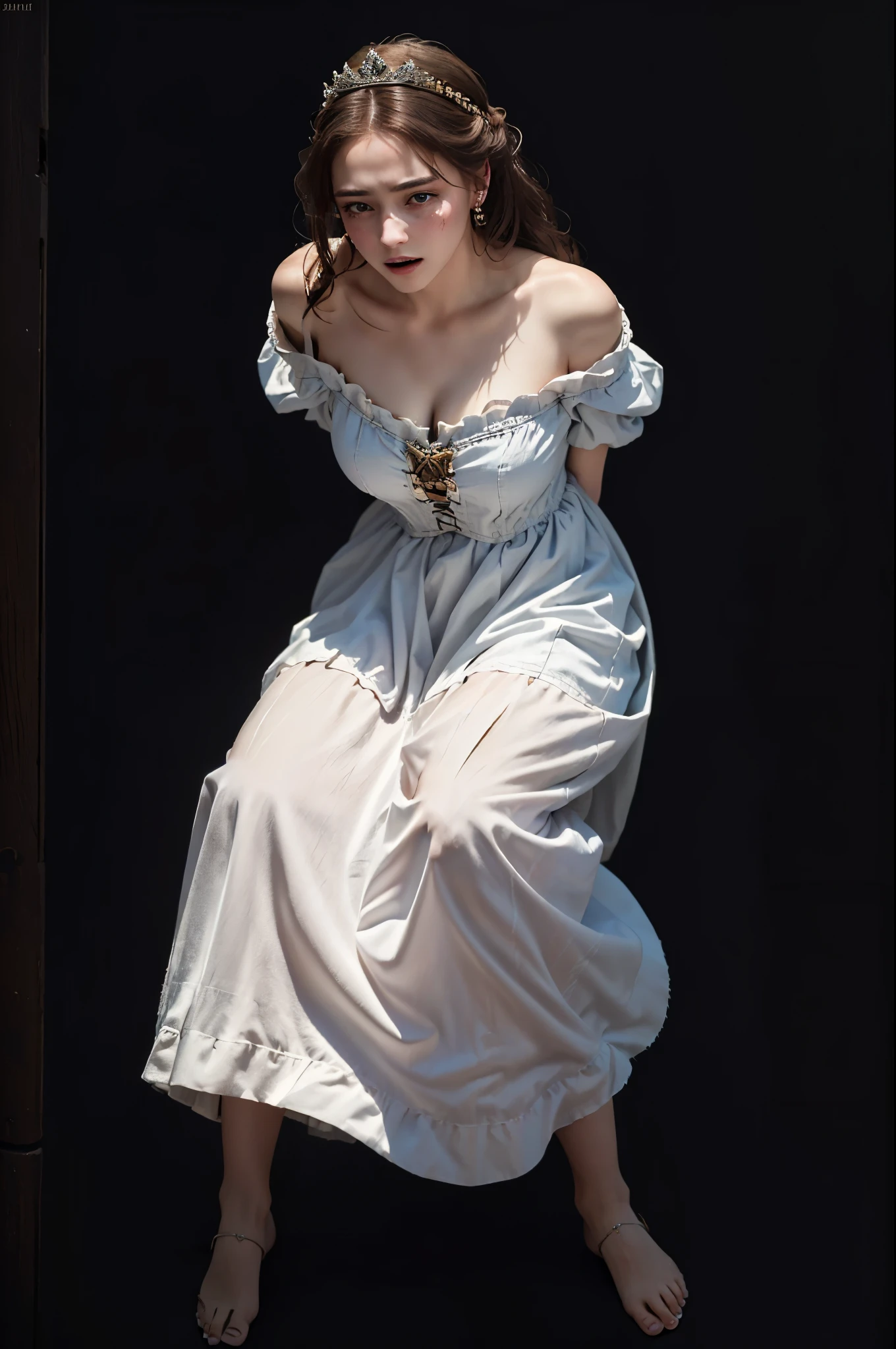 masterpiece, best quality photo, most detailed, a beautiful queen is captured and tied behind her back, off shoulder medieval dress, shabby medieval dress, struggling woman, terrified and frightened facial expression:1.1, crying facial expression:1.1, bare feet