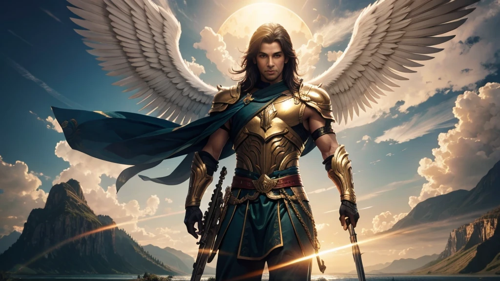 God's Angel, Anjo Masculino de GOD, God's golden Army, photorealistic landscape, golden sunset, sky, sky Power, Detailed realistic sunset, palmtrees, mountainous landscape, Rivers of water, sunset Realism, alone men, GOD man, Man's beard, GOD's Army Angel, armour Divina, golden Army, Silver Army, armour, Soldier Angel, photorealistic details, GOD's angel masculino, GOD's Army, GOD's Hebrew, GOD's Strong Angel, GOD's Power, angel masculino, male man, Camisa padoru, elegant shirt, Closed blouse, closed shirt, long-sleeved shirt, golden, Tunica, GOD'angel, barba, man with beard, Large Beard, Barba Judaica, Hebrew, panorama, Alpha Male, Caminho para o sky, heavenly, 8K Detailed Realistic Image, 16K Photorealistic Contrast, 8K Photorealistic Sharpness, Photorealistic 4K cores, 16K Photorealistic Shadows, 8K Photorealistic Textures, 16K Photorealistic Texture, 4K Photorealistic Light, 4K PhotoRealism, FullHD 4K Detailed Contrast, detailed sharpness FullHD 8K, detailed sharpness FullHD 4K, detailed sharpness, 2K detailed colors, lifelike colors, FullHD Detailed Shadows, 4K Detailed Textures, detailed texture, padoru, natural beautiful, posh