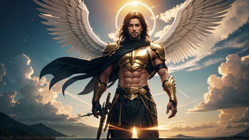 God's Angel, Anjo Masculino de GOD, God's golden Army, photorealistic landscape, golden sunset, sky, sky Power, Detailed realistic sunset, palmtrees, mountainous landscape, Rivers of water, sunset Realism, alone men, GOD man, Man's beard, GOD's Army Angel, armour Divina, golden Army, Silver Army, armour, Soldier Angel, photorealistic details, GOD's angel masculino, GOD's Army, GOD's Hebrew, GOD's Strong Angel, GOD's Power, angel masculino, male man, Camisa padoru, elegant shirt, Closed blouse, closed shirt, long-sleeved shirt, golden, Tunica, GOD'angel, barba, man with beard, Large Beard, Barba Judaica, Hebrew, panorama, Alpha Male, Caminho para o sky, heavenly, 8K Detailed Realistic Image, 16K Photorealistic Contrast, 8K Photorealistic Sharpness, Photorealistic 4K cores, 16K Photorealistic Shadows, 8K Photorealistic Textures, 16K Photorealistic Texture, 4K Photorealistic Light, 4K PhotoRealism, FullHD 4K Detailed Contrast, detailed sharpness FullHD 8K, detailed sharpness FullHD 4K, detailed sharpness, 2K detailed colors, lifelike colors, FullHD Detailed Shadows, 4K Detailed Textures, detailed texture, padoru, natural beautiful, posh