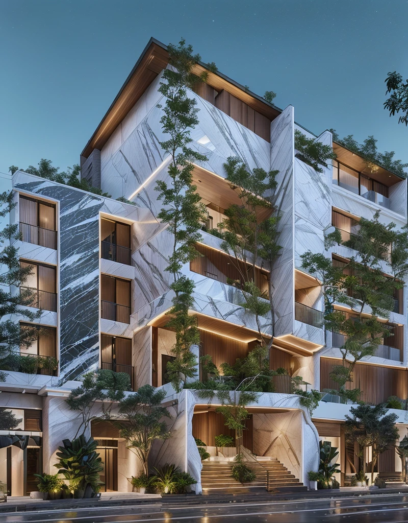 3D render of a beautiful house, Dark, gray tones, white wall. lumion render, night time render, insanely detailed rendering, realistic architecture, architectural visualization. The house is adorned with elegant lighting and plants to enhance its exterior appearance in a Vietnam city street. The staircase leading into the house is tiled with black marble and has bright LED lights. Behind are hills and mountains with clear blue sky. balcony with green plants. The main door is made of black aluminum and glass reaching up to the ceiling. Looking through the glass windows to look inside the house with luxurious interiors with luxurious and warm lights, interior lighting rendering and lighting effects. marble and wood and glass, dark and modern, luxcore render, taken with professional photography techniques, using a wide angle lens with bright natural light and high resolution details, in the style of professional photograph, hyper realistic, highly detailed.