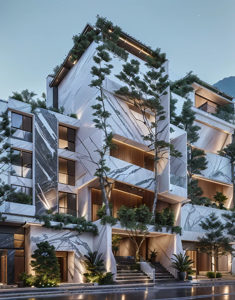 3D render of a beautiful house, Dark, gray tones, white wall. lumion render, night time render, insanely detailed rendering, realistic architecture, architectural visualization. The house is adorned with elegant lighting and plants to enhance its exterior appearance in a Vietnam city street. The staircase leading into the house is tiled with black marble and has bright LED lights. Behind are hills and mountains with clear blue sky. balcony with green plants. The main door is made of black aluminum and glass reaching up to the ceiling. Looking through the glass windows to look inside the house with luxurious interiors with luxurious and warm lights, interior lighting rendering and lighting effects. marble and wood and glass, dark and modern, luxcore render, taken with professional photography techniques, using a wide angle lens with bright natural light and high resolution details, in the style of professional photograph, hyper realistic, highly detailed.