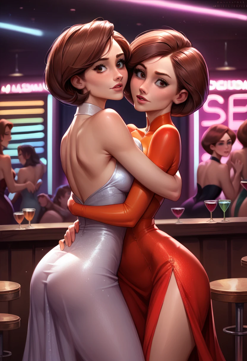 score_9, score_8_up, score_7_up, score_6_up, score_5_up, (high quality, detailed, beautiful), detailed soft lighting, 2girls, (Helen Parr, Aunt Cass), nightclub, neon lights, dancing, embracing, from behind, grinding, (big eyes, open eyes, beautiful eyes), skimpy dress, reach around, groping,