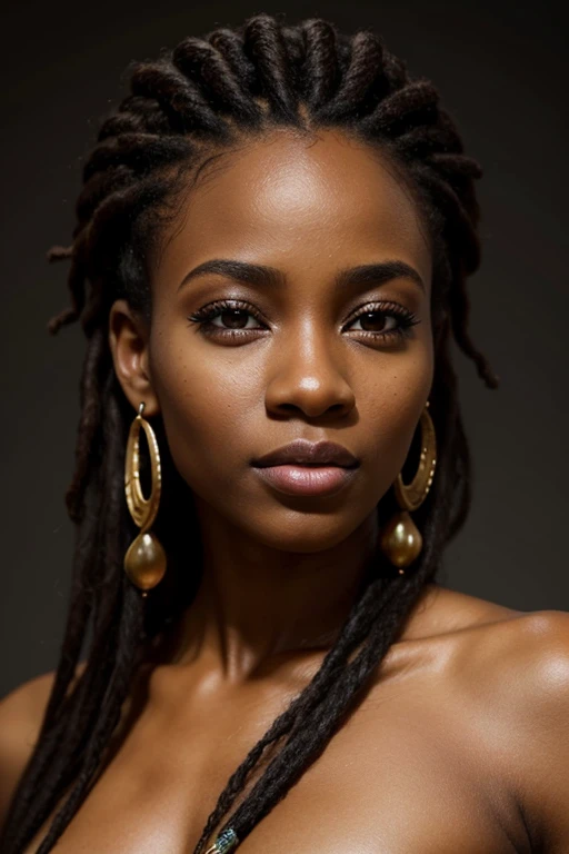 1 African woman, 30 years old, pretty face, dreadlocks, hyperrealistic, ultra detailed face and body, realistic representation