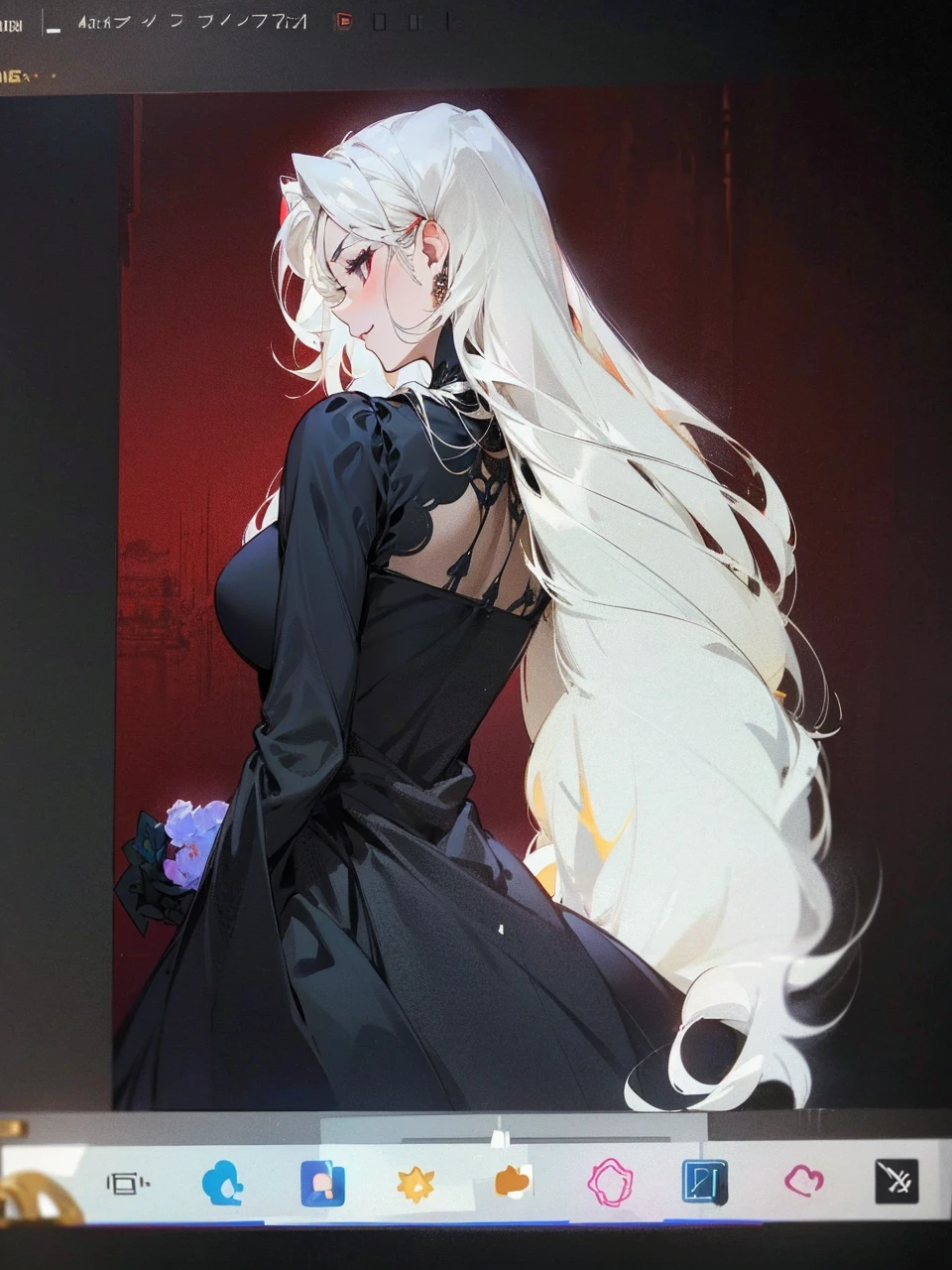 Add in roses to her dress, a good back dress design with some golden jewelry, make her dress into a red and white gown with a hat, give her some unique Jewelry, and make her look somewhat of a demonic angel like appearance to her