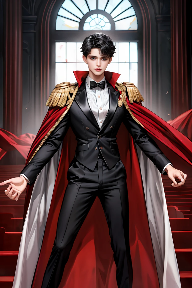 masterpiece, 最high quality, high quality, 1 boy, alone, Male focus, Watching the audience, Messy black hair, Adorable big blue eyes, White people, Noble, Noble,Sexy voluminous black and red cape、Tuxedo、A very voluminous, large, very large, very large, long, long red and black cape with a high stand-up collar, reaching down to the floor, made of a lot of fabric., 17 years old,Cute beautiful boys,Cute, cute, kind, handsome guy