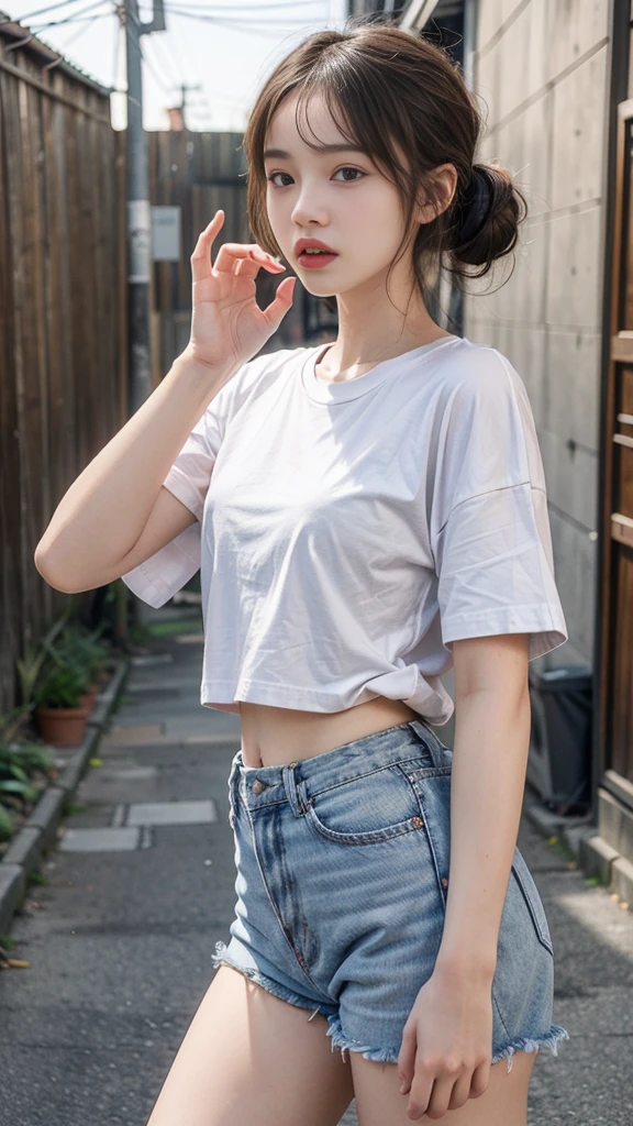 (In the back alley)、( beautiful girl, Baby Face:1erson、((Only wearing an oversized T-shirt:1.3))、Slender body line, Small and slender figure、((A mean look:1.3, blush))、Beautiful breasts, Small beautiful butt, Thin thighs, Short pigtails、(Detailed eyes and face:1.3, Professional photography techniques, Cinema Lighting), (Highest quality, 8K, masterpiece:1.2, RAW Photos), (Photorealism:1.2), (Detailed lips and hands:1.2)