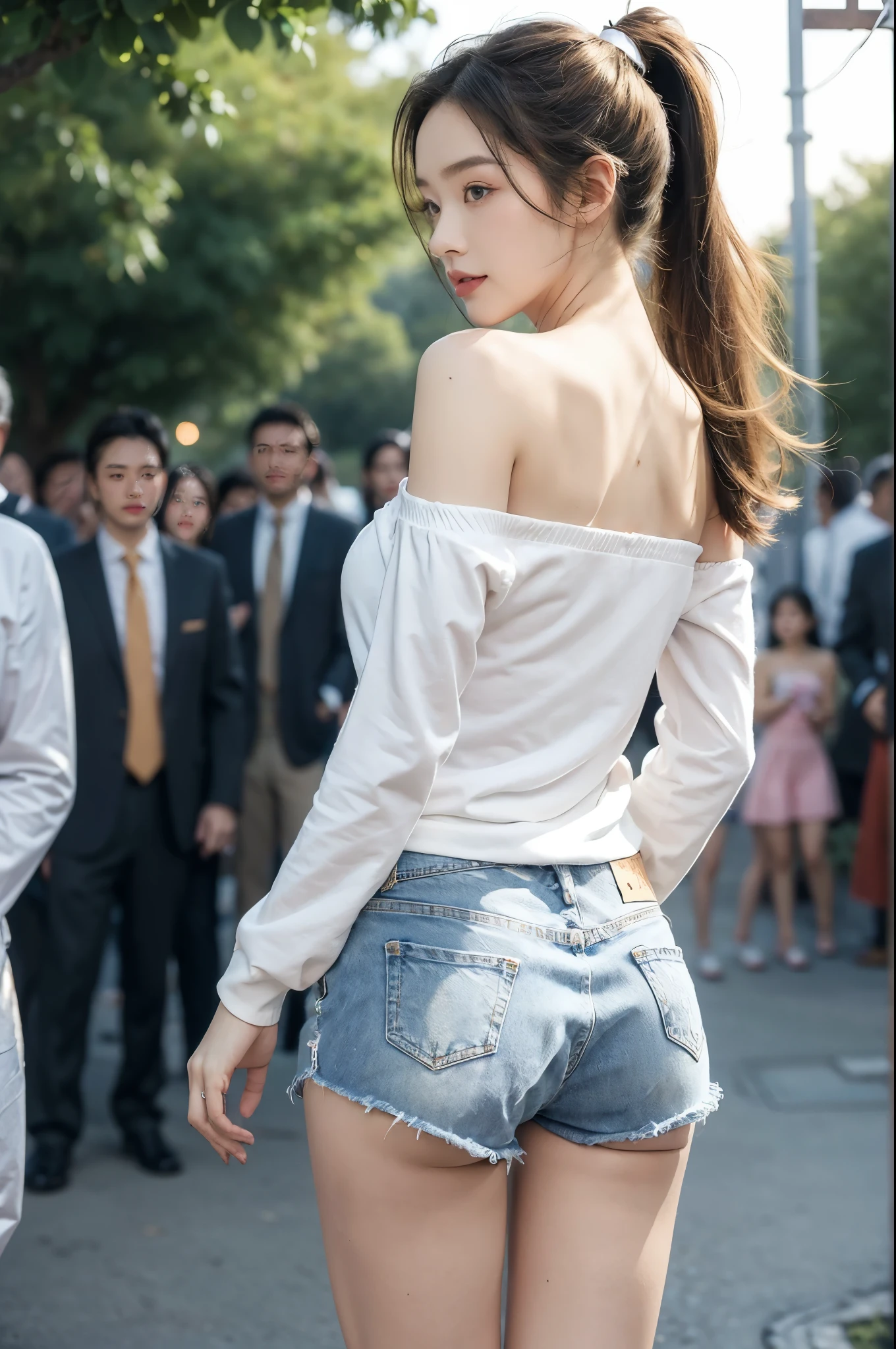 (((best quality))),(((ultra detailed))),(((masterpiece))),illustration,((1 beautiful girl,solo)),((slim,thin)),((shoulder off,strapless,bare back,towering hips,butt crack)), outside school gate, summer twilight, sunlight,(short ponytail:1.3),((white long-sleeved shirt)),(clavicalis:1.3),((denim shorts,slender legs)),animated face, excited eyes, sounds of laughter, chatter, excitement of summer vacation, air filled with energy, school gate golden glow, symbol of end of academic year, schoolyard transformed, reunion, farewells, embracing setting sun, face illuminated, moment captured, fleeting instant, essence of summer, carefree spirit, youthful exuberance, embodiment of season, sun dips, rosy glow, joy of living,promise of adventures,((standing,from back,upper body)),(surrounded by crowded crowds:1.3)