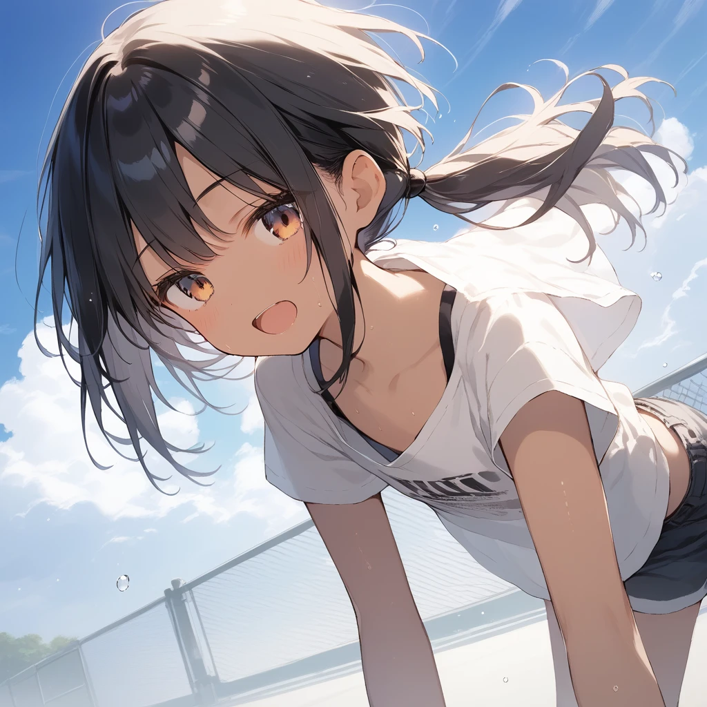 score_9, score_8_up, score_7_up, source_anime, best quality, masterpiece, official art, absurdres, highres, ultra-detailed,waifu2x,Collection: Slice of Life,break,1girl, tomboy, dark-skinned female, short hair, low ponytail, flat chest, beautiful detailed eyes, short shorts, sweat, open mouth, (yawn:0.3), sleepily, outdoors, wind, break,(clear line illustration:1.2),very high resolution, very aesthetic, super detailed skin, Best sexual lighting powered by famous artist, 8k,cute picture,beauty illustration,photoshop_(medium),,(Detailed Lighting),best anime 8k konachan wallpaper, pixiv contest winner,