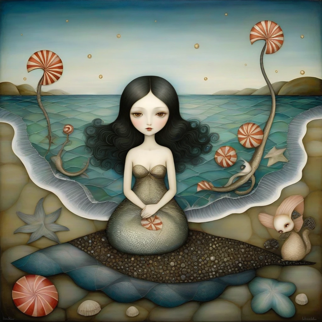 Patchwork by Klimt, Nicoletta Ceccoli, Naoto Hattori, Didier Lourenço, Leonora Carrington, of mermaid, long black hair covering her breasts, fishtail with silvery scales, sitting on the seashore. Around her two cats watch her. From the ocean behind her, sprout pinwheels made of mother-of-pearl and coral.. Art Deco, Wide-Angle, optical illusion