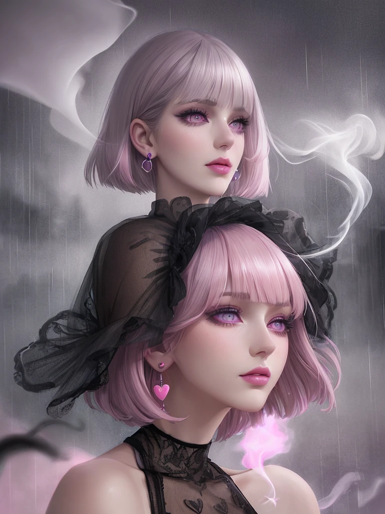 rain,Beauty,High nose,Long eyelashes,目にLight,Pink Lips,Closed Mouth,pastel colour,purple,Dull pink,Dull Blue,heart,Bobcut,Light,Strong winds,Fluttering Hair,Earrings,Gray Hair,Smoke a cigarette,bad,cigarette,目にLight,Black Dress,Black lace