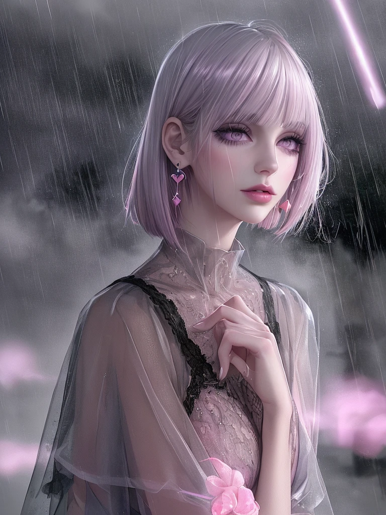 rain,Beauty,High nose,Long eyelashes,目にLight,Pink Lips,Closed Mouth,pastel colour,purple,Dull pink,Dull Blue,heart,Bobcut,Light,Strong winds,Fluttering Hair,Earrings,Gray Hair,Smoke a cigarette,bad,cigarette,目にLight,Black Dress,Black lace