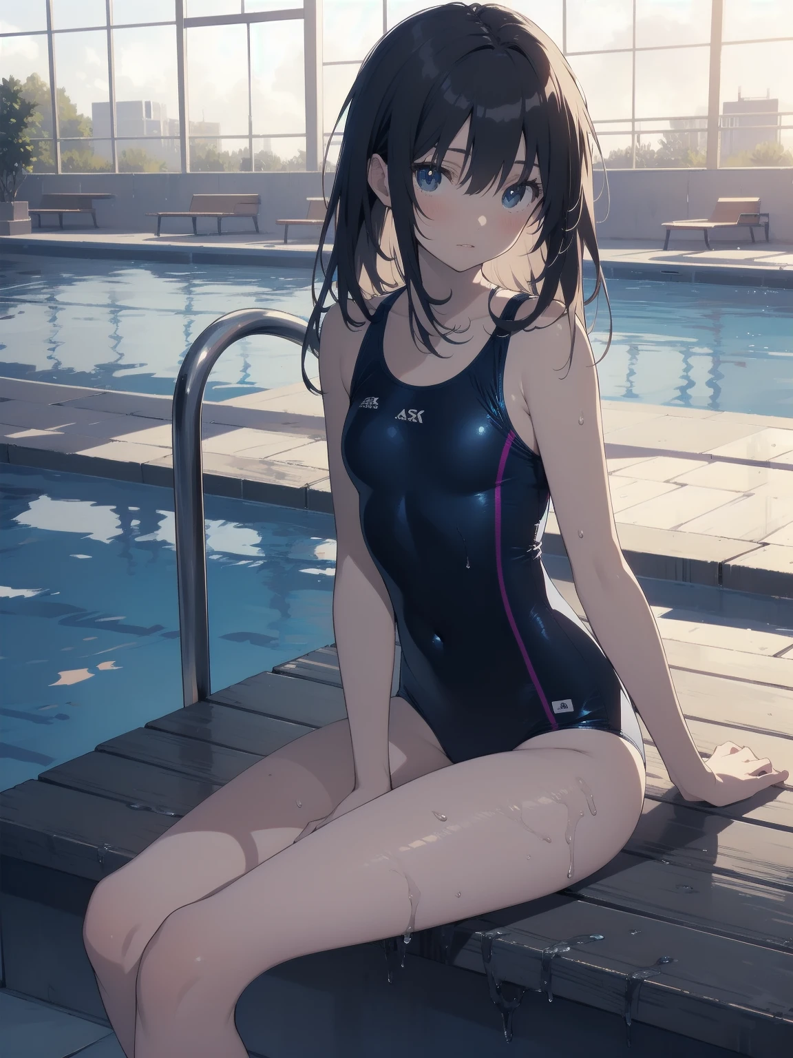 ultra-Top-quality by art God, ultra-detailed, high resolution, shinkai makoto style, anime moe artstyle, best anime 8k konachan wallpaper, pixiv contest winner, perfect anatomy, break,(Please draw a picture of a girl in a swimsuit sitting on a bench by the poolside alone.),break, a hyperrealistic school girl, parted lips, (Solo,ta, kid, 13-year-old:1.3),Full limbs, complete fingers, androgynous charm, very long hair, wet hair, small breasts,slender body, Small butt, groin, Small black eyes,hanme,beautiful detailed eyes, well-proportioned iris and pupils, sleepily, highres detailed hair, swimsuit, wet swimsuit, bare shoulders, thighs, in the school pool. break,super detailed skin, shiny skin, Best lighting powered by famous artist, 8k, illustration,UHD, textured skin,break,((artist:toosaka_asagi )), artist:clamp ,artist:carnelian ,artist:kantoku ,