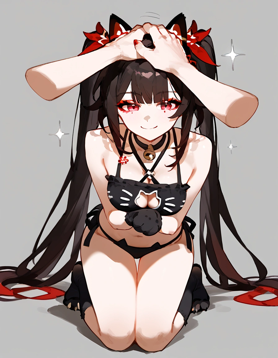 anime artwork, score_9, score_8_up, score_7_up, score_6_up, score_5_up, score_4_up,sparkle \(honkai: star rail\),1girl, twintails, black hair, ??????????????, red eyes, red eyeshadow, ,
, , , , she is 24 years old, , ,?????, , , , style_3, ,,, floox style, grey background,headpat,black cat lingerie, disembodied hand, petting, ,smile, black paw gloves, paws, , cat socks,naughty_face , paw pose, on knees