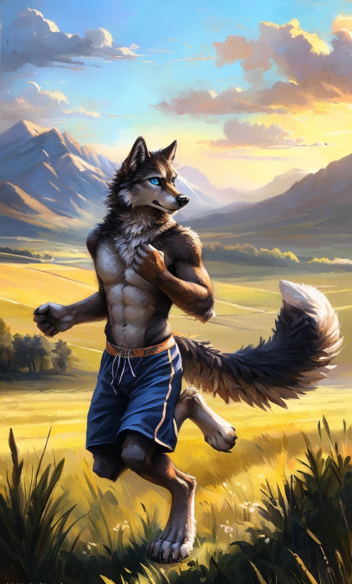 ((Solo)), male people, anthro wolf, (Multi-colored fur, White-brown:1.3，White tail pointed), (Height 2.1m,Tail length 1.2m), ((Wolf face, Big eyes, White eyelids, Blue pupil, Slim:1.2) (Tough, Calm expression:1.2)), Abs, Slim, pinging)), (Correct anatomy), (Work shorts:1.1), The upper body  naked, (detailed outfits),A long big tail，Feet，(Realistic fur, Detailed fur texture, labeled:1.3)), (Natural lighting), Photorealistic, Hyperrealistic, ultradetailed, by Kenket，Field，erect through，Running on