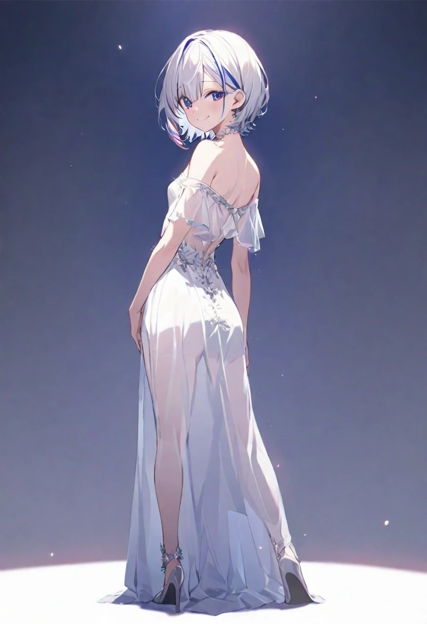 (muste piece), (best quality), very detailed eyes, expressive eyes, perfect face, very detailed face, highly detailed face, beautiful girl, 8K, beautiful girl, white background, delicate and beautiful face and eyes, dark intense shadow,
1 girl, vtuber style, cool girl, hololive, amane kanata, streaked hair, short hair, see-through:evening dress, small chest, cropped shoulders, clavicle from behind, looking back, smile, (full body), standing,