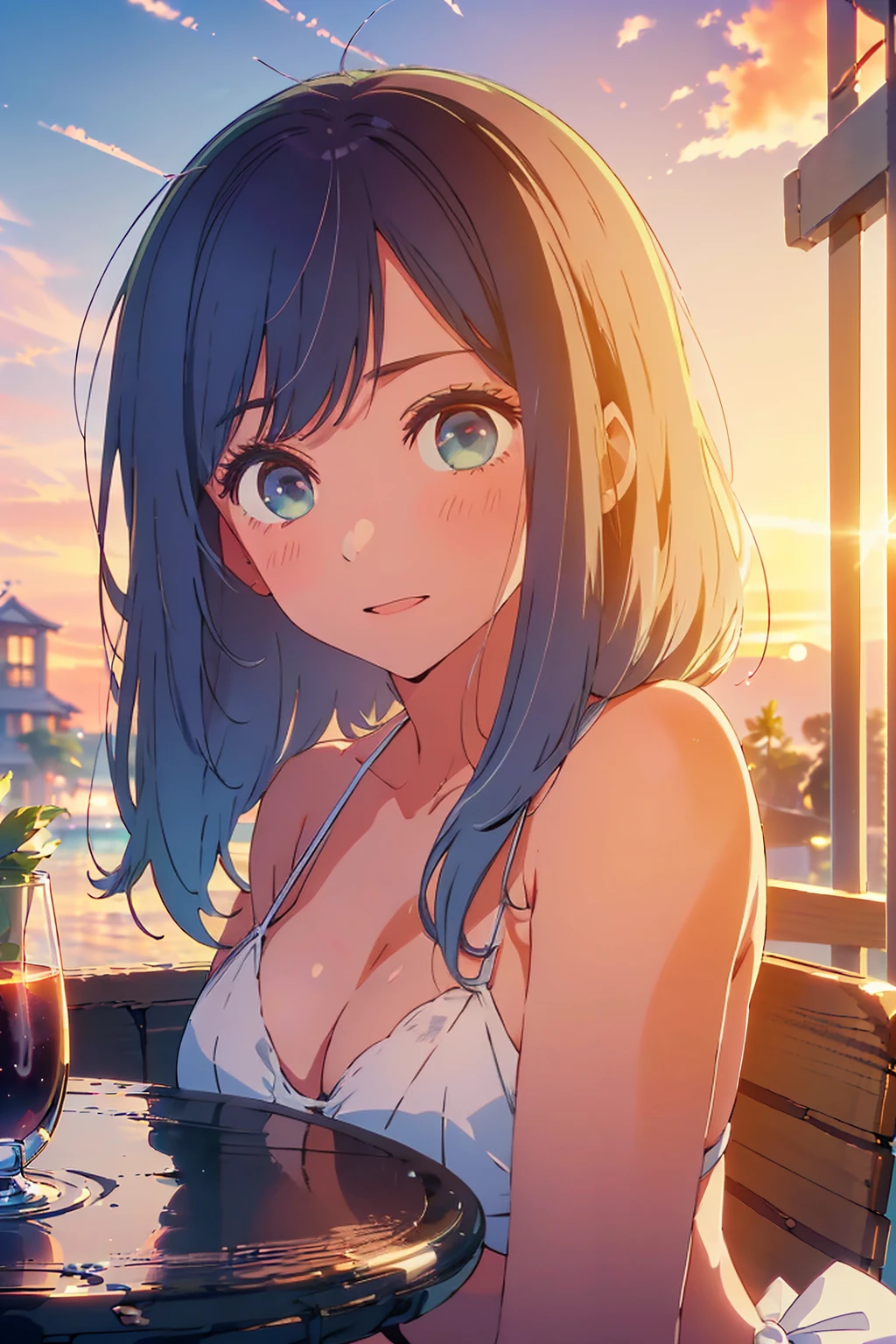 (Highest quality:1.4、masterpiece:1.4、Super detailed:1.4、8K:1.4)、F cup bust、Big Breasts、Slim body、((((1 person、Surprised expression、sit、In the background are the urban buildings of Tokyo、looking at the camera、Outdoor café terrace、coastal、Navy hair color、Shooting from an angle、juice、table、Sunset Beach、sunset、Very cute face))))、(((nude、Areola、bikini size too small)))、Big eyes、((((Shallow depth of field))))