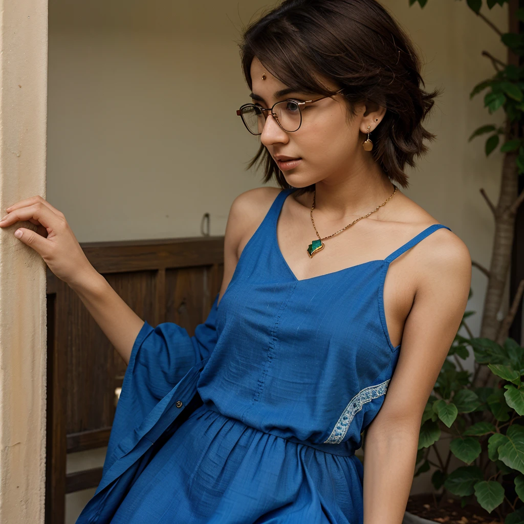25 years old Pakistani American girl short brown hairs, glasses on wearing blue dress neckless and earrings