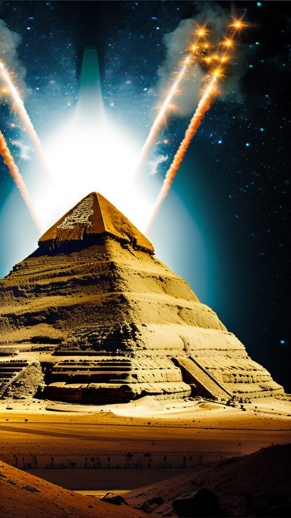 pyramid formed of pure energy, below the pyramid a cave with live fire, at the top of the pyramid energy dissipates throughout the cosmos, dark background