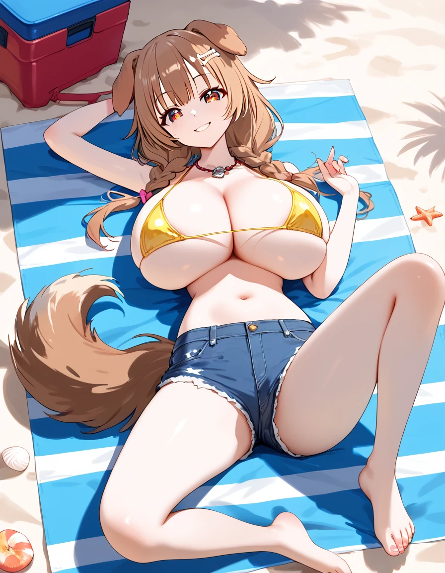 (huge breasts:1.2) (masterpiece) (high quality) (best quality) (1girl), (solo), (slim waist:1.3), (looking at viewer), Inugami Korone, vtuber, slight smile, full body portrait, dog ears, by maenchu, jean shorts, yellow tiny bikini bra, detailed eyes, dog tail, laying on towel, beach, laying on back