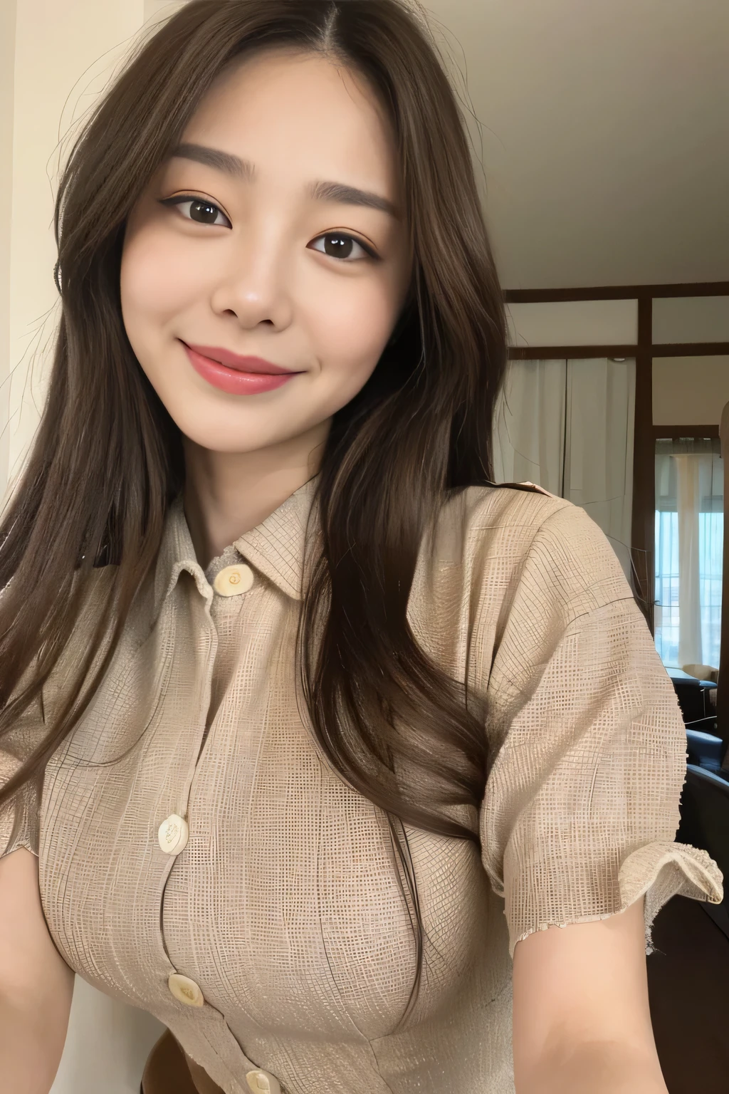 seed:2020674263.((Full body angle:1.1)).((Highest quality, 8K, masterpiece:1.3)), ((from below:1.1)).concentrated:1.2, Perfect body beauty:1.4, Hips:1.2, ((Delicate Hair)), (Colorful button-through crop shirt :1.1) , ((Highest quality、、masterpiece:1.3))、1 Girl、A sloppy smile、Esbian all over、Slim face、Big Boobs、Beautiful woman、(Dark Brown Hair)、Long Hair、1、Flickering Valley、Detailed eyes、double eyelid、Blurred Background、超Slim face、Smile、Looking down、stroll、