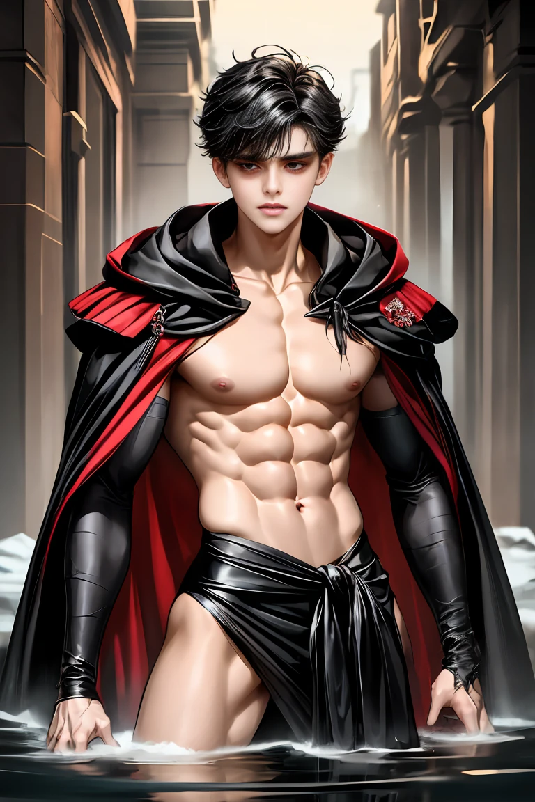 She is wearing a sexy, voluminous black and red cape on her naked body.、Beautiful gay man、Drowning in pleasure、Messy black hair、Disarrayed Cloak、The face of pain in a mess of pleasure