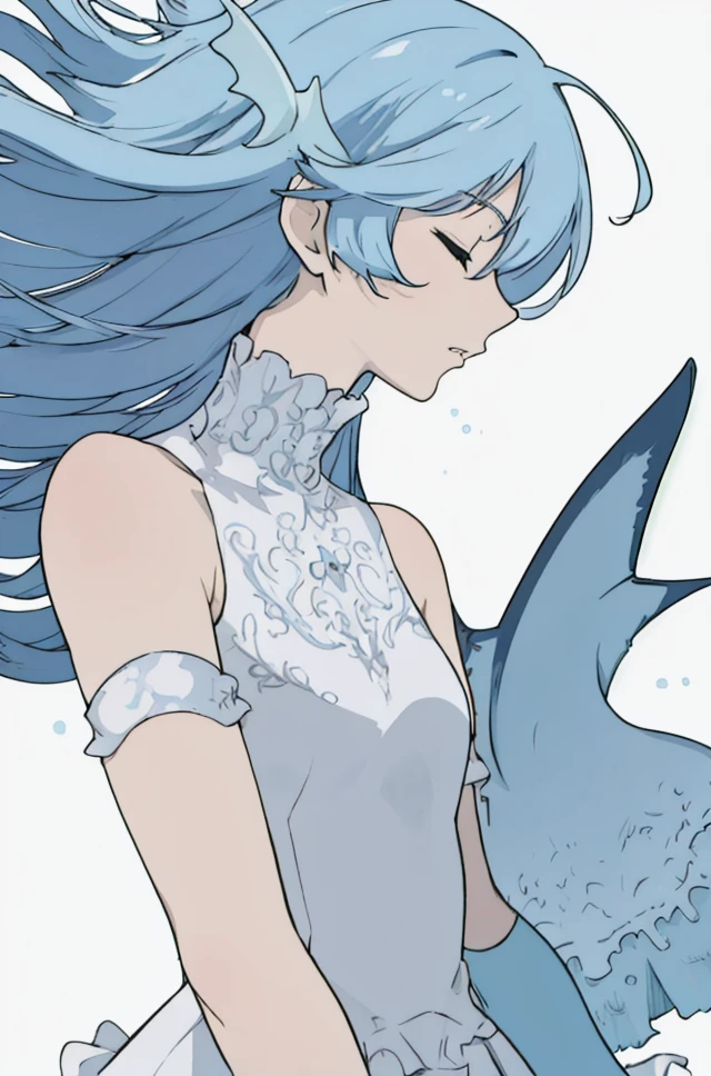 anime style, 1girl, profile, looking to side, head fins(dark blue fins), light blue hair, long hair, closed eyes, peaceful expression, white sleeveless dress(high neck, ruffles), white arm sleeves, lips,, portrait,, white background