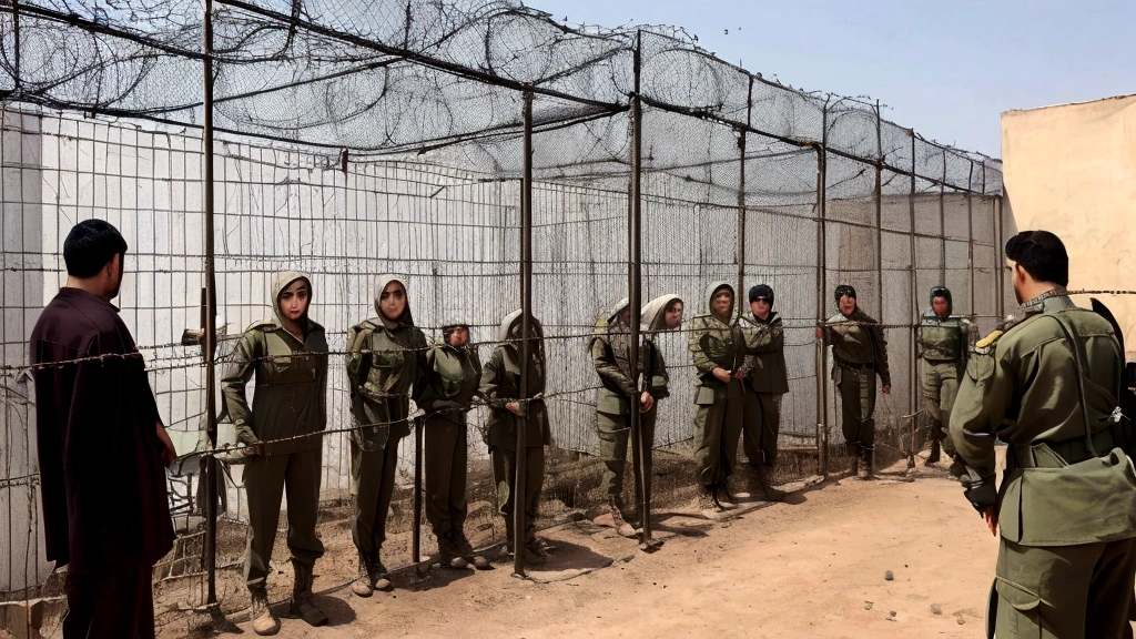 a group of iranian 25 years old woman prisoners wearing bra lace panties with hijab inside a cage made of barbed wire. They stand line up waiting, with a soldier talking to them at the gate. fearful face, Chained Woman, Full Body, Chained Chain, plump body, prison atmosphere