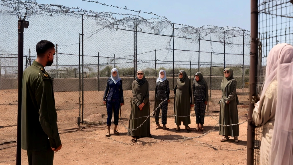 a group of iranian 25 years old woman prisoners wearing bra lace panties with hijab inside a cage made of barbed wire. They stand line up waiting, with a soldier talking to them at the gate. fearful face, Chained Woman, Full Body, Chained Chain, plump body, prison atmosphere