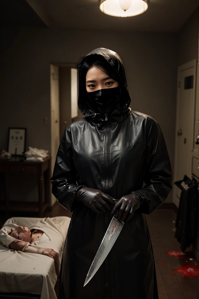 korean girl, (behind ??????, surgical mask), multiple girls, holding knife, stabbing, black raincoat, leather gloves, hood up, room ?????????????, black wet suit, holding knife, leather gloves, behind ??????, blood splatter, short hair, night, mass murderer, robbery, in the house, dark atmosphere, cinematic lighting, atmospheric realistic,
