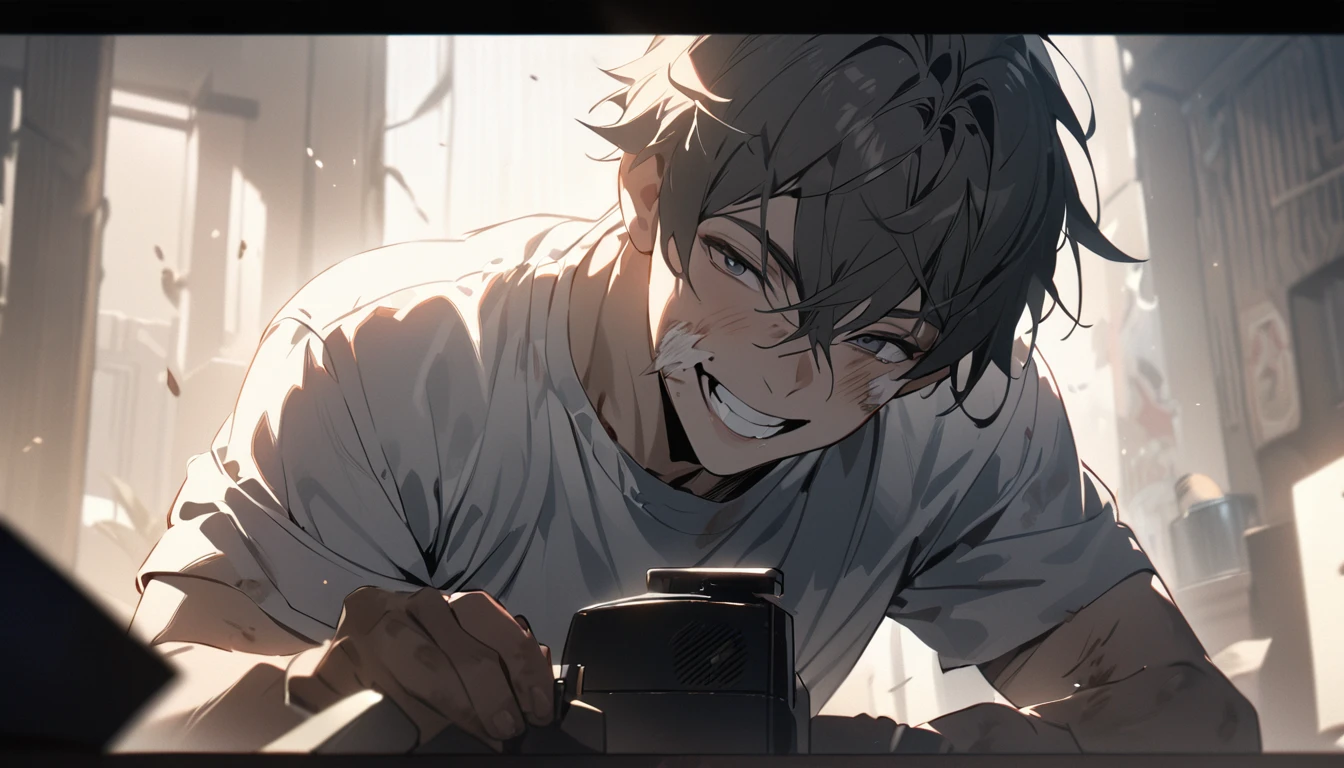 Resolution full, boy, very accurate, best quality, masterpiece, from front boy, cinematic lighting, full HD, very sharpener, mouth only, best art, very accurate, mouth only, smile, tooth, white theme, dirty face