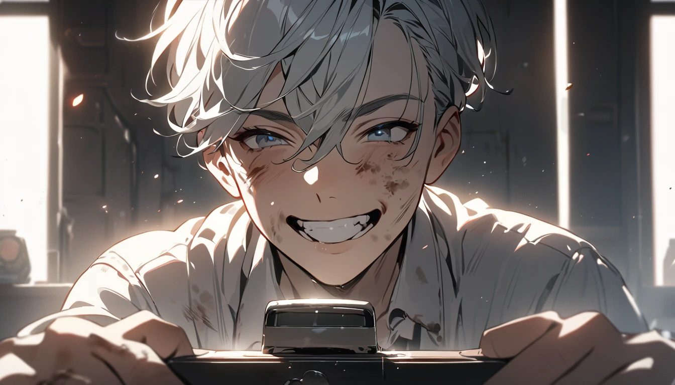 Resolution full, boy, very accurate, best quality, masterpiece, from front boy, cinematic lighting, full HD, very sharpener, mouth only, best art, very accurate, mouth only, smile, tooth, white theme, dirty face