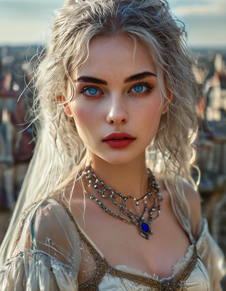 bombshell beauty, close up of face, young woman, 22 year old woman, young, woman who looks like a model from Paris Fashion Week, silver hair, blue eyes, beautiful detailed eyes, white skin, perfect face, high resolution, sharp focus, ultra detailed, highly detailed, photorealistic artwork, highly detailed CG unity, 8k, wallpaper, vibrant colors, vibrant themes, exquisite, masterpiece, best quality, artistic photography, photo by sldr, exquisite background) perfectly rendered face, perfect facial details, realistic face, photorealistic, exquisite details, realism, vampire fangs, standing on the roof of a medieval castle, full body, toes painted, wide field of view, background is a medieval city, aerial view