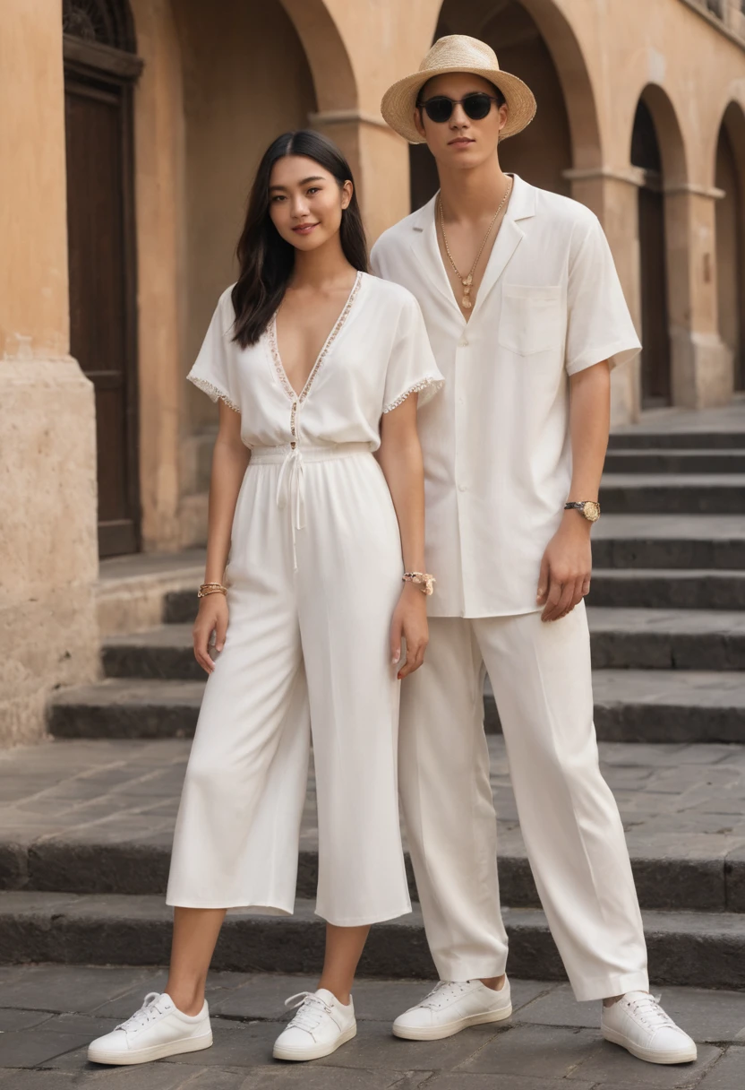 candid fashion illustration of young Asian man and woman, both aged 20 year old, ((showcase fashion look book in a White rayon outfits)), inspired by Zara's resort collection 2020 in elegant young bohemian style. The man wears an oversized short-sleeved bowling white shirt with a pocket details, paired with relaxed-fit white Sports Wide Leg Shorts Baggy short and Drawstring, He completes his look with white sneakers, sunglasses and bracelet. The woman complements him in a white Ankle-length dress in a rayon with delicate lace insets, V-shaped neckline, covered buttons down the front and an open section, spaghetti shoulder straps, Gathered tiers down the skirt and a scalloped hem, Her ensemble includes an accessorizes with a wide-brimmed straw hat, white sneakers and necklace. Captured in a low angle, ((full-body image)), The photograph is taken with a Canon EOS R camera using an 85mm f/1.8 lens at an f/2.2 aperture, utilizing natural light. Employing three-point lighting and incorporating 3D animation shadows enhances his features and adds depth to the composition. The careful layering and arrangement of his body parts and surrounding objects ensure a flawless composition. This masterpiece celebrates the beauty of the male form and invites viewers to immerse themselves in a world of sophistication and charm. The seductive lighting and intricate details, combined with a dramatic composition, invite viewers to revel in the essence of a fun-filled day, brimming with joy and relaxation. Attention is meticulously paid to the layers and arrangement of his body parts and surrounding objects, ensuring correct body structure and photo distance. The romantic atmosphere, paired with a lively and extremely gorgeous background, enhances the overall allure of this exquisite image.