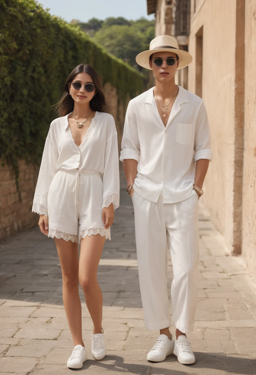 candid fashion illustration of young Asian man and woman, both aged 20 year old, ((showcase fashion look book in a White rayon outfits)), inspired by Zara's resort collection 2020 in elegant young bohemian style. The man wears an oversized short-sleeved bowling white shirt with a pocket details, paired with relaxed-fit white Sports Wide Leg Shorts Baggy short and Drawstring, He completes his look with white sneakers, sunglasses and bracelet. The woman complements him in a white Ankle-length dress in a rayon with delicate lace insets, V-shaped neckline, covered buttons down the front and an open section, spaghetti shoulder straps, Gathered tiers down the skirt and a scalloped hem, Her ensemble includes an accessorizes with a wide-brimmed straw hat, white sneakers and necklace. Captured in a low angle, ((full-body image)), The photograph is taken with a Canon EOS R camera using an 85mm f/1.8 lens at an f/2.2 aperture, utilizing natural light. Employing three-point lighting and incorporating 3D animation shadows enhances his features and adds depth to the composition. The careful layering and arrangement of his body parts and surrounding objects ensure a flawless composition. This masterpiece celebrates the beauty of the male form and invites viewers to immerse themselves in a world of sophistication and charm. The seductive lighting and intricate details, combined with a dramatic composition, invite viewers to revel in the essence of a fun-filled day, brimming with joy and relaxation. Attention is meticulously paid to the layers and arrangement of his body parts and surrounding objects, ensuring correct body structure and photo distance. The romantic atmosphere, paired with a lively and extremely gorgeous background, enhances the overall allure of this exquisite image.