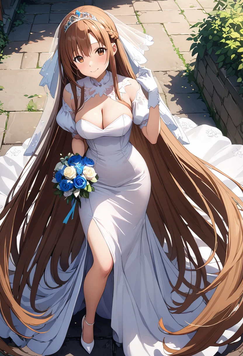 Highest quality、Super detailed、High resolution illustrations、Ultra-high-definition CG、８k size wallpaper、Production Art、Light novel illustrations、（１People Girls)、asuna yuuki, long hair, bangs, brown hair, brown eyes, very long hair, braid、A smile full of happiness、Puff sleeves、Wedding Veil、tiara、Cleavage cutouts、Wedding dress、White Dress、White Gloves、Long skirt、White stiletto heels、Holding a bouquet in both hands、hyperrealistic、dutch angle