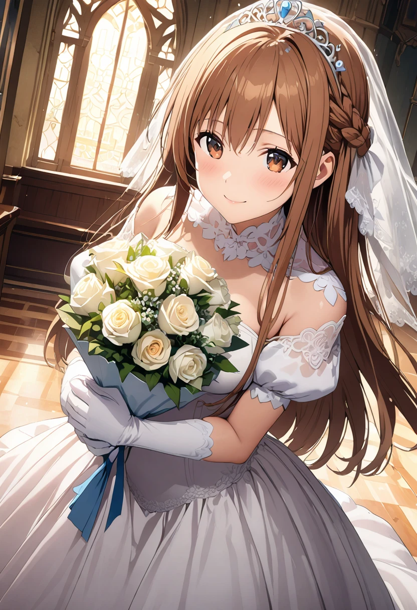 Highest quality、Super detailed、High resolution illustrations、Ultra-high-definition CG、8k size wallpaper、Production Art、Light novel illustrations、(1People Girls)、asuna yuuki, long hair, bangs, brown hair, brown eyes, very long hair, braid、A smile full of happiness、Puff sleeves、Wedding Veil、tiara、Cleavage cutouts、Wedding dress、White Dress、White Gloves、Long skirt、White stiletto heels、Holding a bouquet in both hands、hyperrealistic、dutch angle