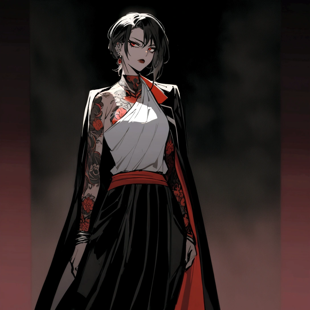 1woman, ((A fierce and unyielding female prisoner)), thin and beautifully deathly body, proportional thin body, young but dangerous look, adorned with intricate yakuza tattoos, stands tall in her white top and pants, her piercing gaze daring anyone to challenge her in the dark and foreboding cell, ruthless and implacable, Sharp and dramatic, (bluish dark contrast), HD, (subtle dark red tones with dramatic), Side look, yakuza anime