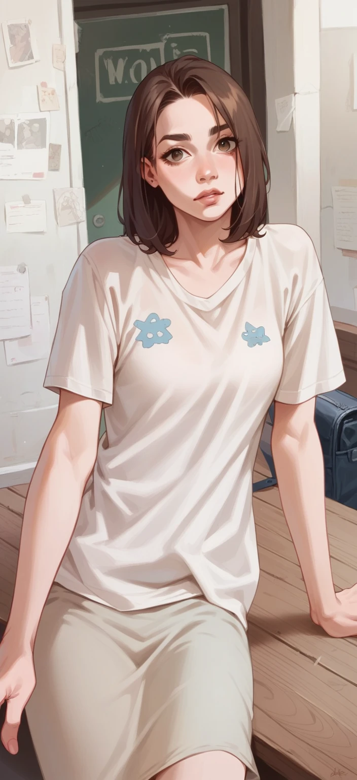 Woman with shaky hair, brown shirt
