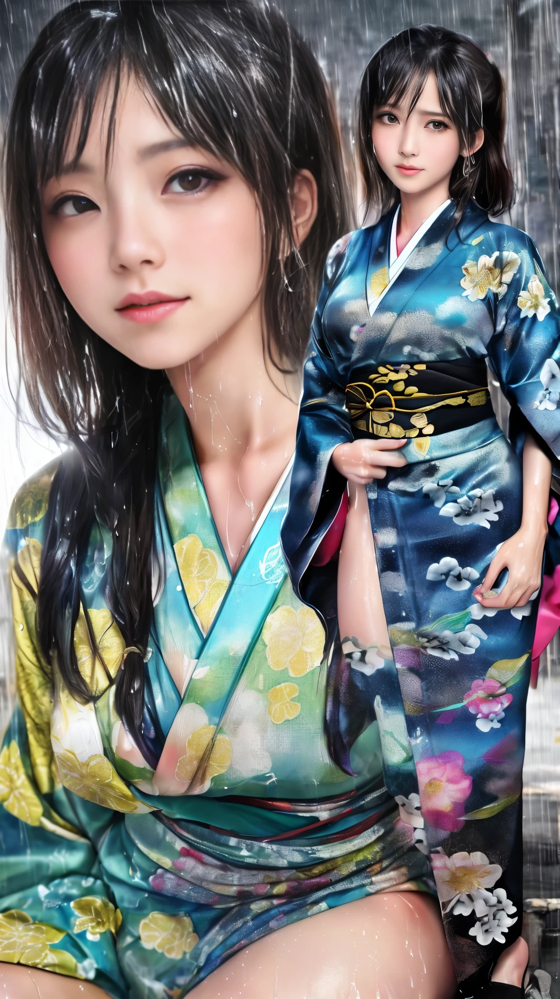 最high quality、high quality、Best image quality、8K、最High resolution、High resolution、最high quality、masterpiece、RAW Photos、whole body写真、Detailed and realistic human body、Detailed and realistic skin、Realistic face in every detail、Detailed and realistic eyes、Detailed and realistic lips、Detailed and realistic teeth、Detailed and realistic ears、Detailed and realistic hair、Realistic reproduction of every detail、((Beautiful Hands(thumb1、reference4))、Realistic feet down to the last detail、((Beautiful Japanese Girl))、(Japanese Model)、18 year old beautiful girl))、(Black Hair)、(Random Hairstyles)、((whole body))、((Slim and perfect figure))、(Flat chest、Small breasts)、(whole body光沢肌、Fair skin)、Mini Chinese Dresini Kimono、Mini Ninja Costume、Japanese tradition、Japanese garden、Rain clouds spreading across the sky、Heavy rain weather、Pouring rain、A storm of wind and rain、((Colorful floral pattern(See-through kimono dress))、((Pouring rainの中でリラックス(Poses to make your thighs look beautiful))、((Soaked skin from head to toe))、((Kimono soaked in the rain(Rain dripping from the clothes))、((Her body lines are clearly visible through her wet kimono.))