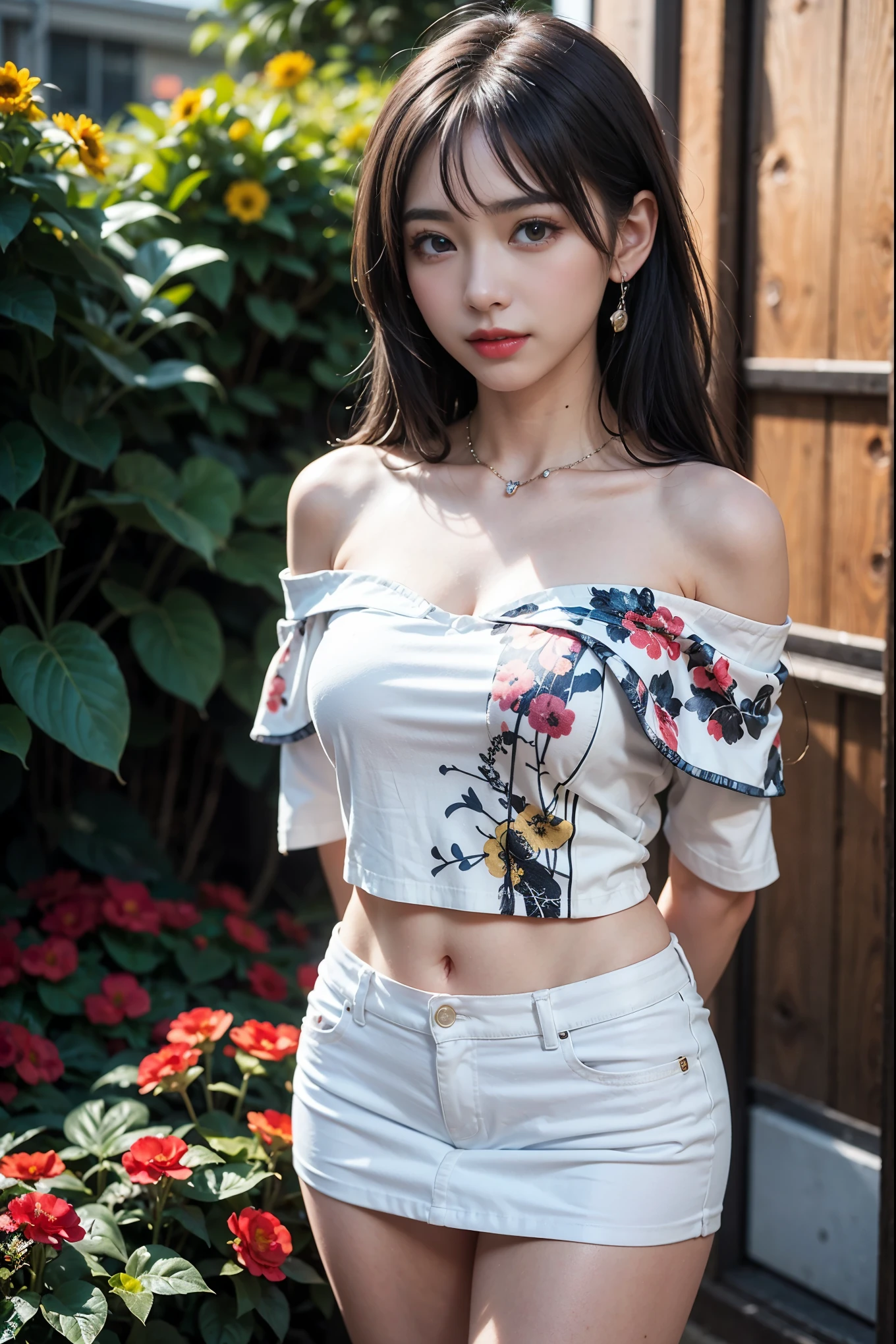 (from below:1.2),pov,from front:1.5,cowboy shot,full body,(8K RAW photo,Live shooting, top quality, masterpiece:1.37),(Real,Photorealistic:1.37),Ulzzang-6500-v1.1,extreme light and shadow,(Glossy skin:1.6,shiny skin:1.3),small head:1.3,(girl),20yo,Japanese idol,alone:1.6,3D,looking at viewer:1.6,perfect eyes, Detailed and beautiful eyes, beautiful eyelashes,perfect anatomy,oily skin:1.5,shiny skin:1.3,shiny hair:1.3,thin necklace,ear piercing:0.3,Layered bracelets:1.2,large breasts,cleavage:1.1, (Plein Air), BREAK ((mulch colord hair:1.4),(silver medium long hair:1.3)),blunt bangs:1.4,(dark Blue Eye),Gentle Smile,((Sun light, Plein Air,Flower Field, Colorful Flowers)),BREAK (Jackson Pollock Print White Off Shoulder Shirt:1.4),(bare shoulders),(navel exposed:0.3),(white denim miniskirt:1.3),BREAK(standing,legs apart),arms behind back, Aestheticism,bokeh,depth of field,noise filter:1.6,Grey Film filter,lens flare,wind effects:1.1