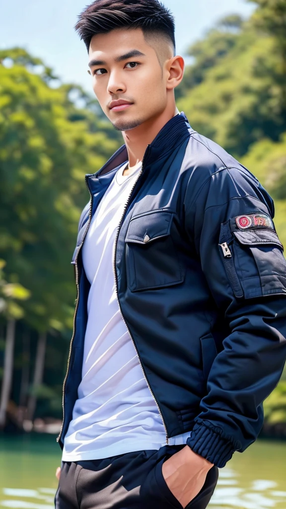 ((Highest quality, 8K, Masterpiece:1.3)),Thailand Laos Burma Asia,Thai man buzz haircut,A handsome Asian sport short hair,a muscular beard,and big muscles.,1A man who has,yo,Good appearance,Beautiful nose,Detailed eyes and face,beautiful light,(studio),high resolution,(Look at the viewer.),Fine mouth,whole body:1.5,perfect shape:1.3,Picture of both shoulders:1.3,(t-shirt:1.2),black cargo pants,wristband,landscape,(The background is Bokeh:1.2),on the sea,(open_jacket:1.4),