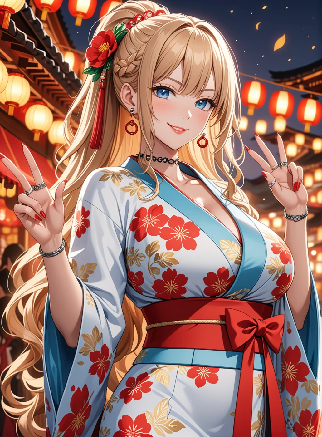 ((One personの女性)), Beautiful Face, (Laugh shyly), ((smirk:1.3)), ((Wink:1.9)), (Tilt your head:1.3), View your viewers, ((Bright red cheeks:1.6)),Glossy Red Lips, ((Big Breasts:1.4)) night, Shrine festival stalls,firework , (Shining Face), ((Anime style background)),masterpiece, Highest quality, so beautiful,Latest, Complex details, (Pink long nails), (nail art), (ring),(bracelet), (ring helix piercing:1.7), (Floral Choker),AI-generated, Complex,High resolution, Highest quality, super high quality,3D Images、3D Images,One person,Blonde long hair,(High Ponytail), (Wavy Hair), Anime woman posing for a photo, ((fine grain、blue eyes、Shining Eyes:1.4)), (Squint your eyes:1.1),a hyperRealistic , hyperRealistic , Realistic,Long blonde anime woman, Smooth anime CG art, Pink large floral patternの刺繍が入った、Woman in luxurious kimono, ((White long-sleeved kimono)),(Pink large floral pattern) ,Long flower hair ornament,Earrings,Mature Body, expensive,Abdominal muscles,Tight waist, ((Making a peace sign)),(Face Focus:1.3), (Front view),