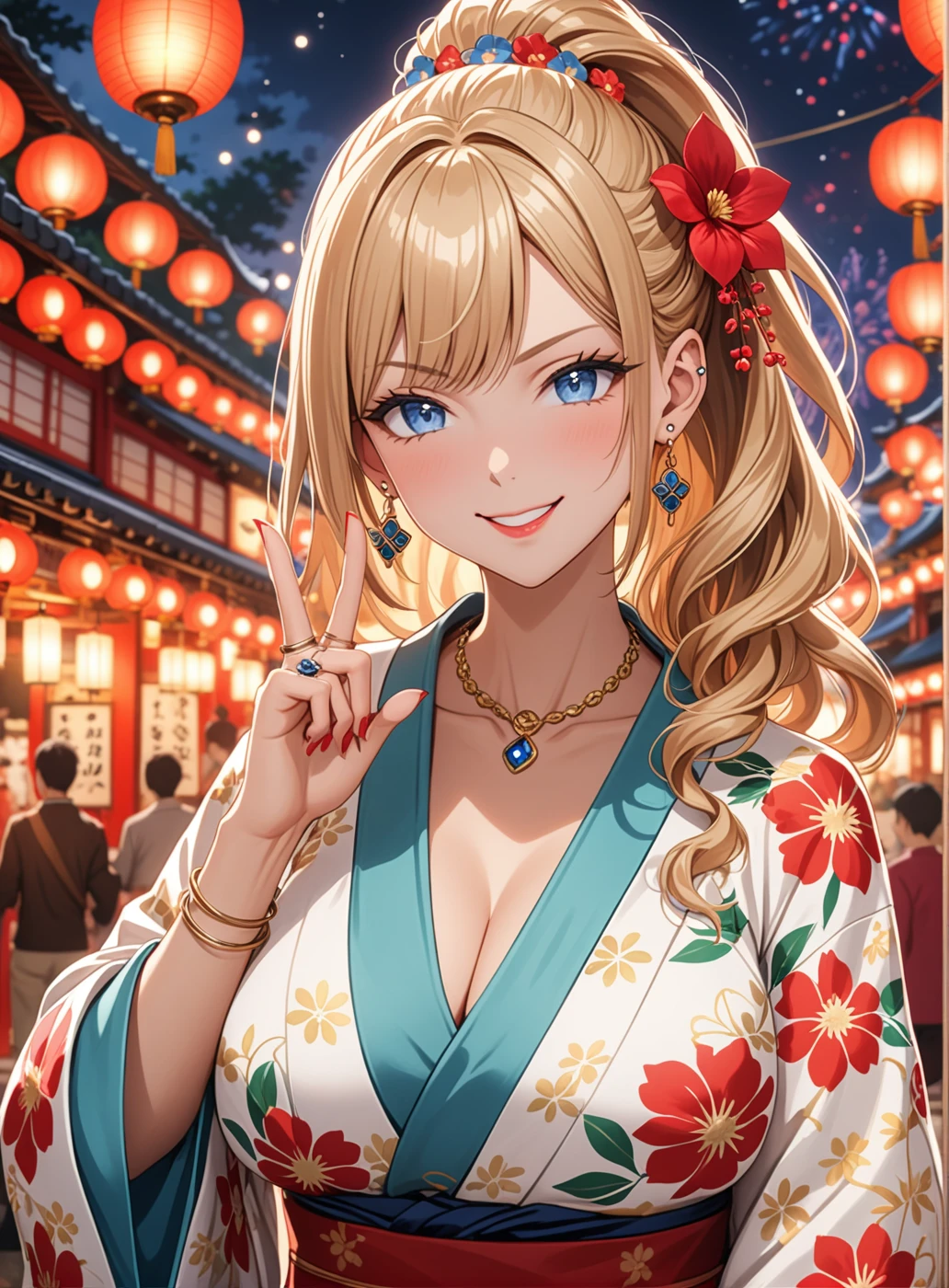 ((One personの女性)), Beautiful Face, (Laugh shyly), ((smirk:1.3)), ((Wink:1.9)), (Tilt your head:1.3), View your viewers, ((Bright red cheeks:1.6)),Glossy Red Lips, ((Big Breasts:1.4)) night, Shrine festival stalls,firework , (Shining Face), ((Anime style background)),masterpiece, Highest quality, so beautiful,Latest, Complex details, (Pink long nails), (nail art), (ring),(bracelet), (ring helix piercing:1.7), (Floral Choker),AI-generated, Complex,High resolution, Highest quality, super high quality,3D Images、3D Images,One person,Blonde long hair,(High Ponytail), (Wavy Hair), Anime woman posing for a photo, ((fine grain、blue eyes、Shining Eyes:1.4)), (Squint your eyes:1.1),a hyperRealistic , hyperRealistic , Realistic,Long blonde anime woman, Smooth anime CG art, Pink large floral patternの刺繍が入った、Woman in luxurious kimono, ((White long-sleeved kimono)),(Pink large floral pattern) ,Long flower hair ornament,Earrings,Mature Body, expensive,Abdominal muscles,Tight waist, ((Making a peace sign)),(Face Focus:1.3), (Front view),