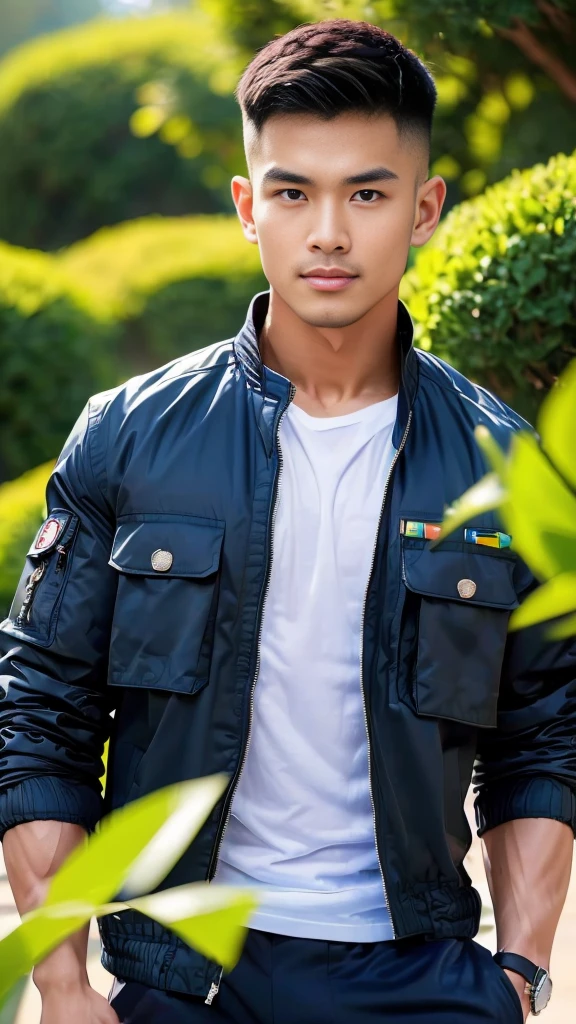 ((Highest quality, 8K, Masterpiece:1.3)),Thailand Laos Burma Asia,Thai man buzz haircut,A handsome Asian sport  short hair,a muscular beard,and big muscles.,１A man who has,yo,Good appearance,Beautiful nose,Detailed eyes and face,beautiful light,(studio),high resolution,(Look at the viewer.),Fine mouth,whole body:1.5,perfect shape:1.3,Picture of both shoulders:1.3,(t-shirt:1.2),black cargo pants,wristband,landscape,(The background is  Bokeh:1.2),on the sea,(open_jacket:1.4),