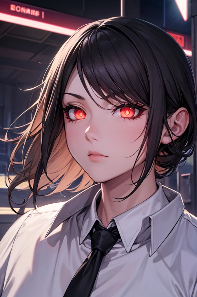 16K, High resolution, RTTX 10.0, Ray Tracing, Natural light, Absurd, Top quality masterpiece, Perfect anatomy and highly detailed face, Fine grain, One girl, alone, Wearing a business suit, shirt, Open the top button, Beautiful Hair, very beautiful, Edgy, nice, Evil Aura, the wind is strong, Glowing Eyes, Serious expression, dystopian city, Futuristic, Detailed Background, Awards, Neon Light, Talked about at the art station