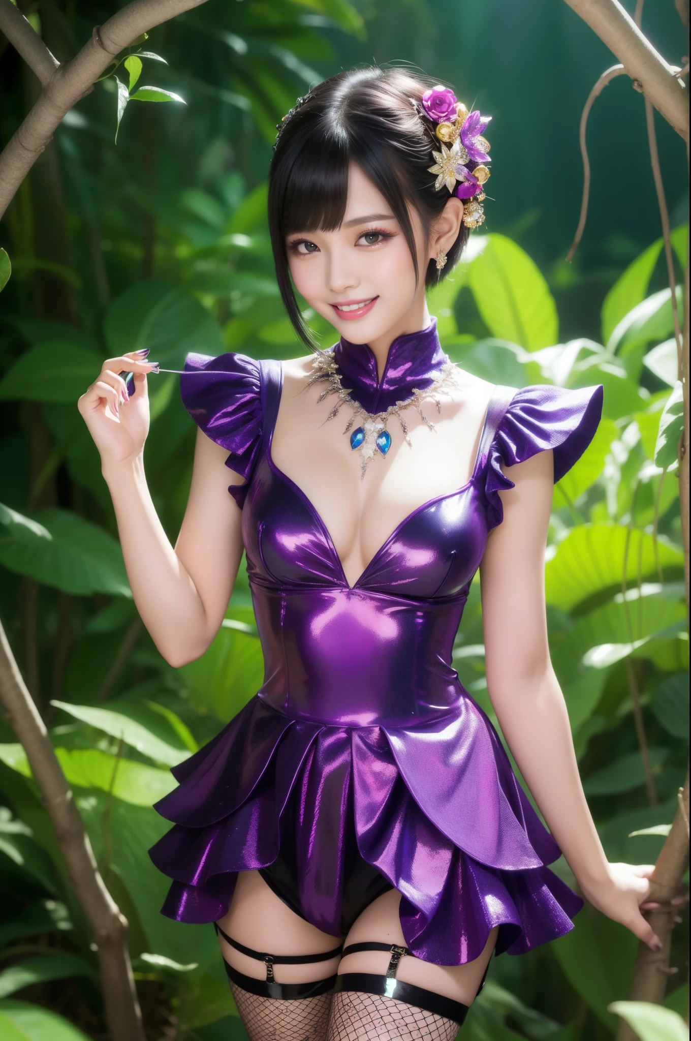 sexy Thai model who controls poison、beautiful smile、lipgloss、dramatic makeup、look at the camera、full body Esbian、、sparkling poisoned enchanted flower costume、、、、shiny sparkling colorful short hair、secrete poison、skull hair accessories、fishnet tights、shiny sparkling dark magic forest background