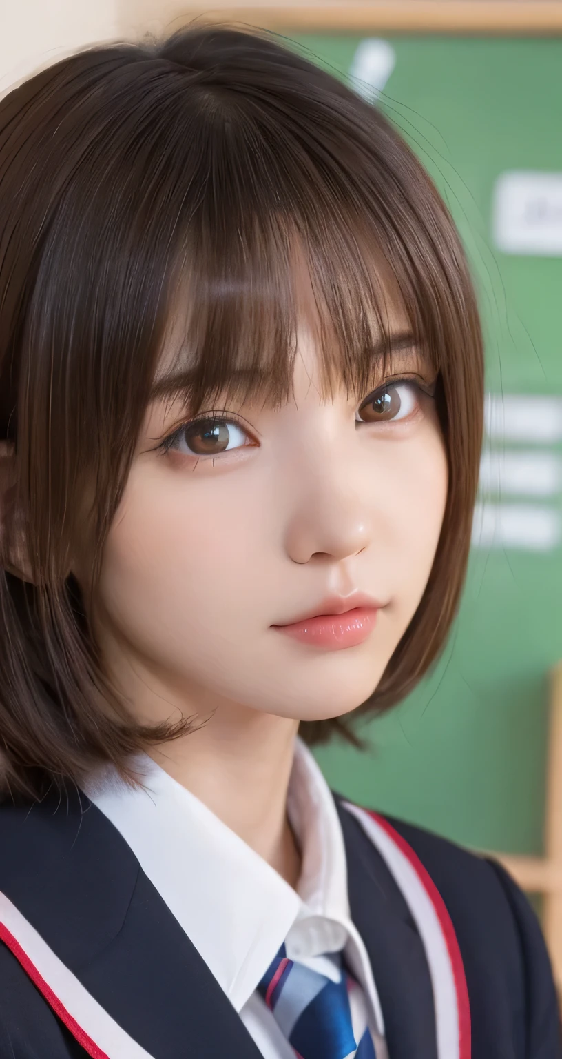 one girl, (a beauty girl, delicate girl:1.3), (16 years old:1.3),
BREAK, (School uniform:1.2),
BREAK, (School classroom:1.2),
BREAK, very fine eyes, (symmetrical eyes:1.3),
BREAK, (big breasts:1.1), brown eyes, parted bangs, brown bobcut hair, round face, kawaii,
BREAK, (eyes and faces with detailed:1.0),
BREAK, (masterpiece, best quality, ultra detailed, detailed face, 8K)